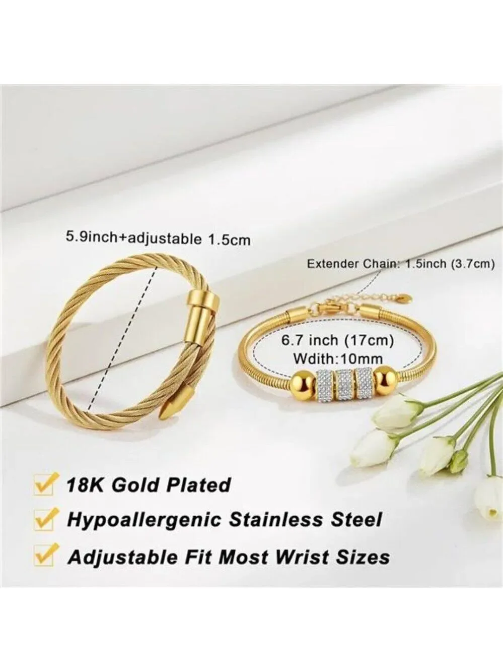 18K Gold Plated Nail Bracelet Set, Adjustable Stackable Bangles for Women 2 Pcs.